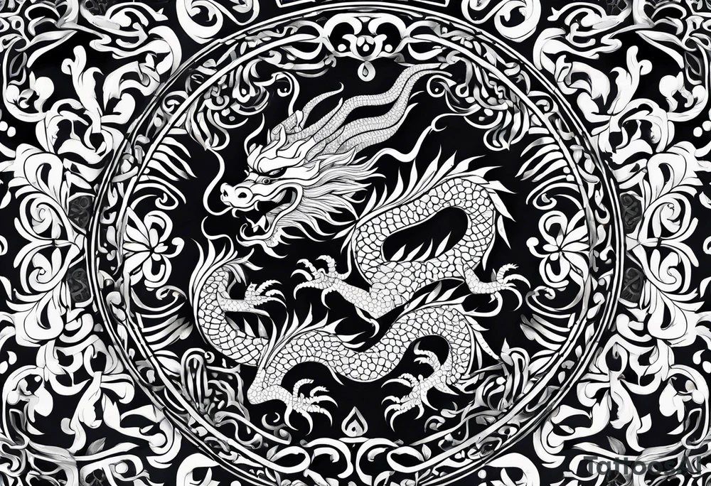 vietnamese patterns, black and white, full back, include a dragon tattoo idea