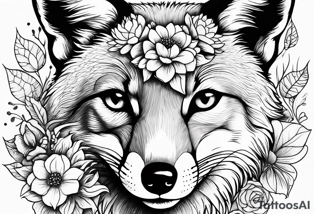 fox, realistic, face, flowers tattoo idea
