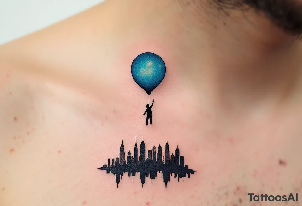 A balloon in sky blue lifting a tiny figure of a boy above a black silhouette of cityscape. tattoo idea