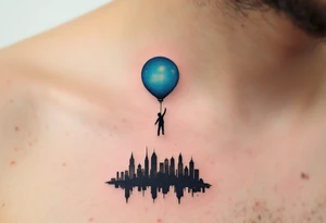 A balloon in sky blue lifting a tiny figure of a boy above a black silhouette of cityscape. tattoo idea