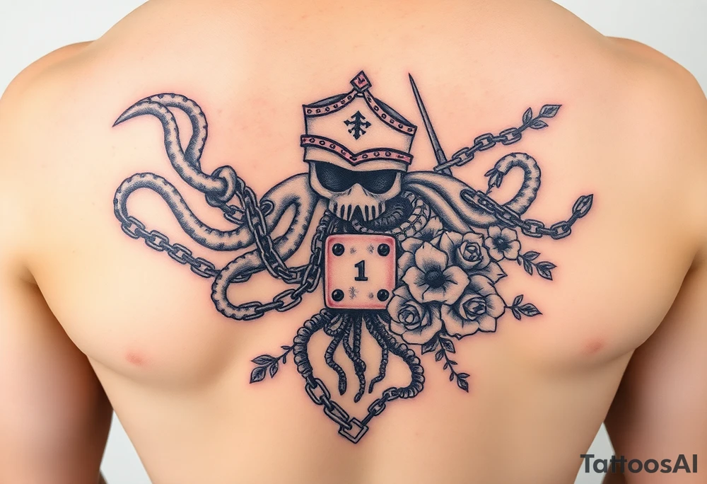 Squid and knight and sailor hat combined with chains, tree roots, cherry blossoms and roses rolling dice tattoo idea