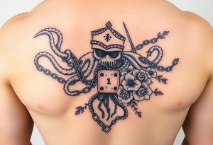 Squid and knight and sailor hat combined with chains, tree roots, cherry blossoms and roses rolling dice tattoo idea