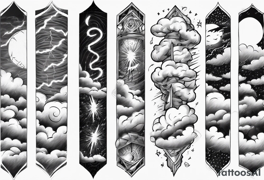 forearm sleeve lightning and clouds pattern tattoo idea