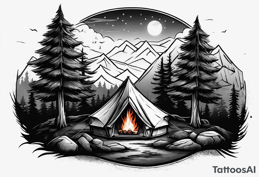 One small tent and small fire pit with smoke pillowing out of it. three large pine trees being the focus in the background. tattoo idea