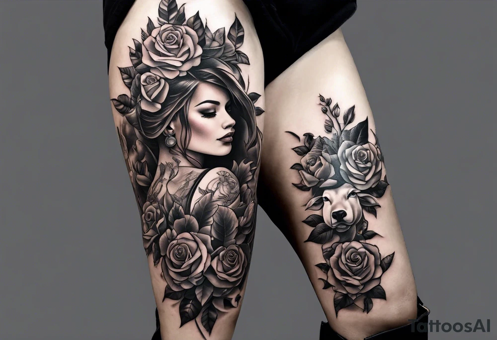 Tattoo thigh peice with Roses and flowers With nursing and hunting and cows and bulls and fishing and love and church. tattoo idea