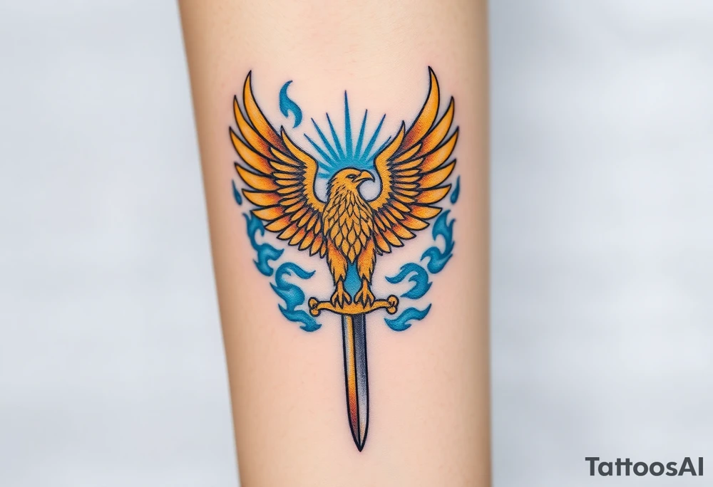 A golden eagle with a radiant crown, standing on a sword, surrounded by mystical blue flame tattoo idea