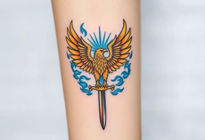 A golden eagle with a radiant crown, standing on a sword, surrounded by mystical blue flame tattoo idea