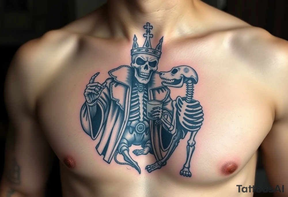 evil skeleton king in clothes having a good time getting drunk with skeleton dog tattoo idea