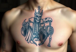 evil skeleton king in clothes having a good time getting drunk with skeleton dog tattoo idea