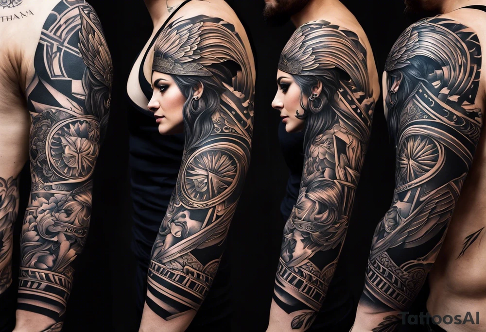 A full tattoo sleeve inspired by Greek mythology, centered around the Greek goddess Athena. Athena is portrayed with a strong, commanding presence, symbolizing wisdom, strength, and warfare. The design emphasizes bold, clean lines with a focus on sharp contrasts, creating a powerful and dynamic visual impact. Surrounding Athena, incorporate a mandala effect with geometric patterns that evoke a sense of order and strategy, reflecting her role as a warrior goddess. The sleeve also features masculine elements such as a fierce owl with piercing eyes, an ornate warrior’s helmet, and olive branches intertwined with Spartan-style armor, all seamlessly integrated into the design. The overall aesthetic is strong, rugged, and heroic, capturing the essence of Athena’s wisdom and martial prowess in a way that resonates with a masculine energy tattoo idea