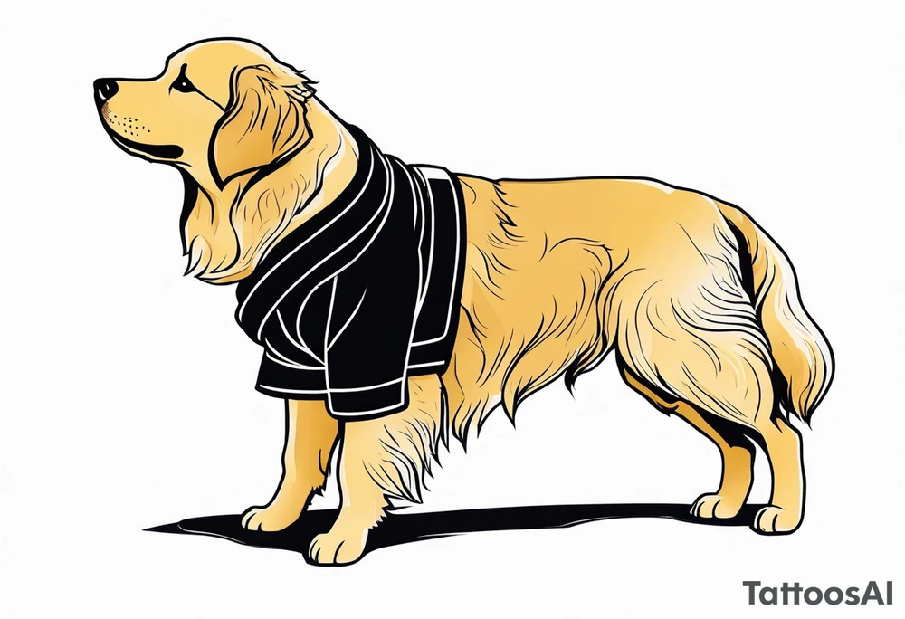 a golden retriever in a jujitsu gi including belt full body view tattoo idea