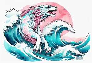 a beautiful turquoise pink and white Falkor rising from the blue waves of the ocean tattoo idea