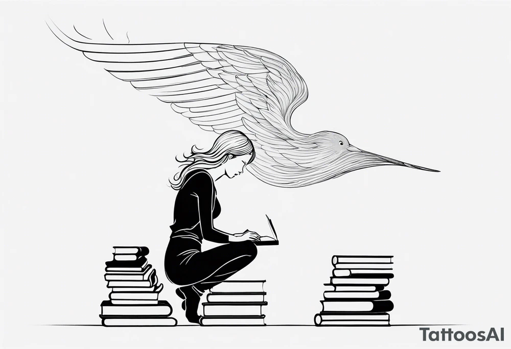 Kneeling Girl with angel wings, side profile, holding a stack of books that are open with silhouettes of birds flying out of them. Smaller and more  minimalistic. Thinner lines tattoo idea