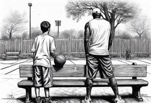 man standing handing a basketball to kid on a bench tattoo idea