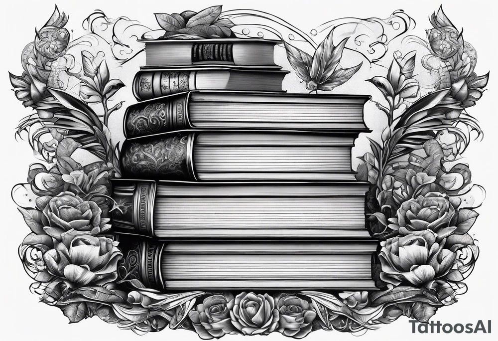Stack of books surrounded by fantasy tattoo idea