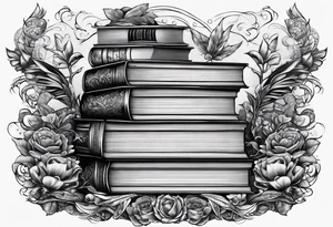 Stack of books surrounded by fantasy tattoo idea