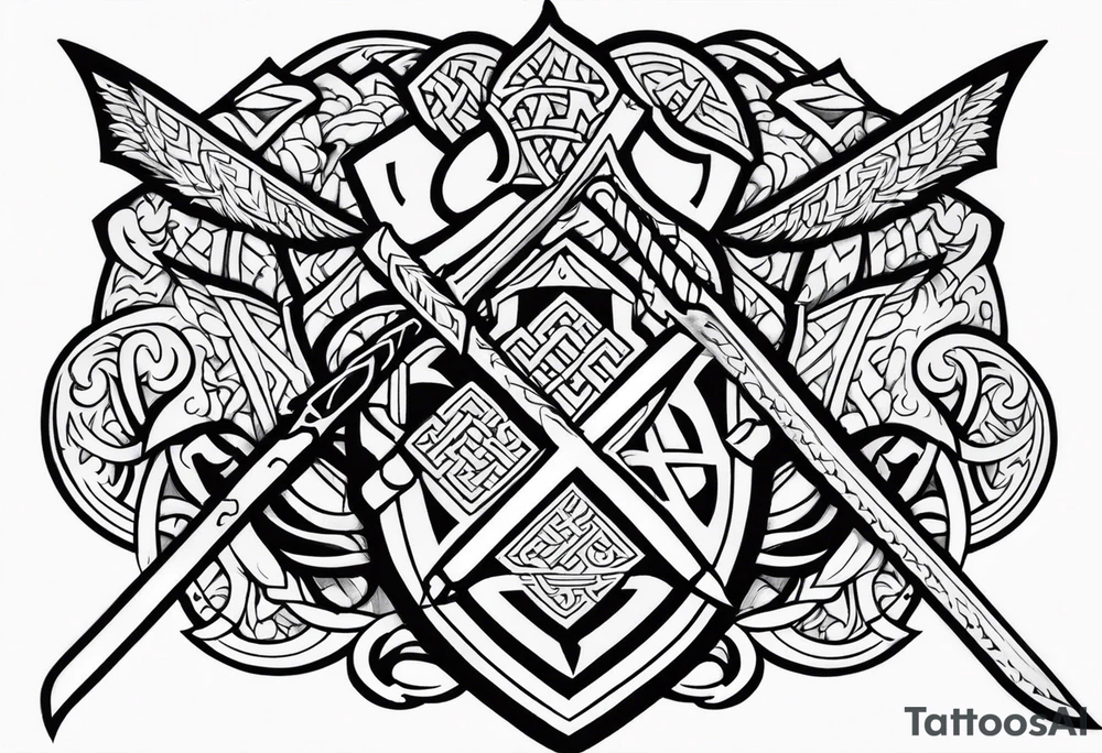 Valhalla sword shield dragon axe Valknut tattoo idea