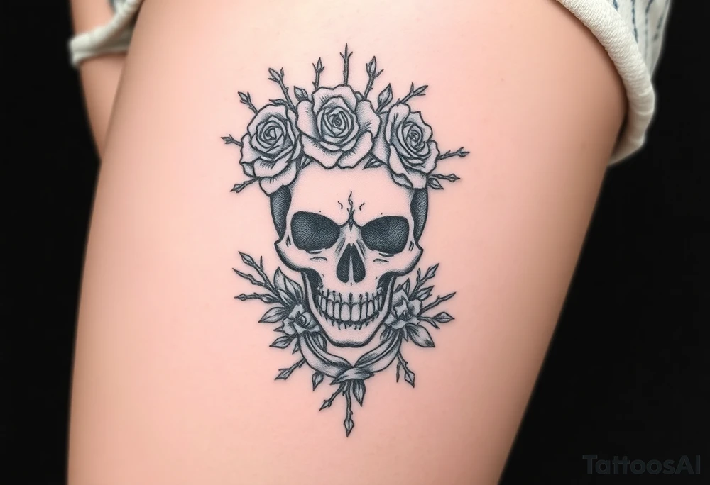 ornate skull adorned with crown of wild roses and thorns tattoo idea