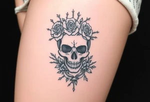 ornate skull adorned with crown of wild roses and thorns tattoo idea