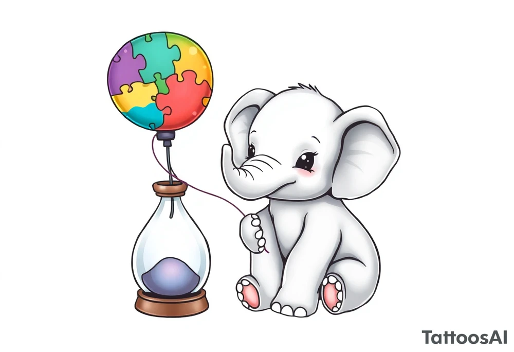 Baby elephant sitting next to an hour glass; holding rainbow autism puzzle balloon tattoo idea