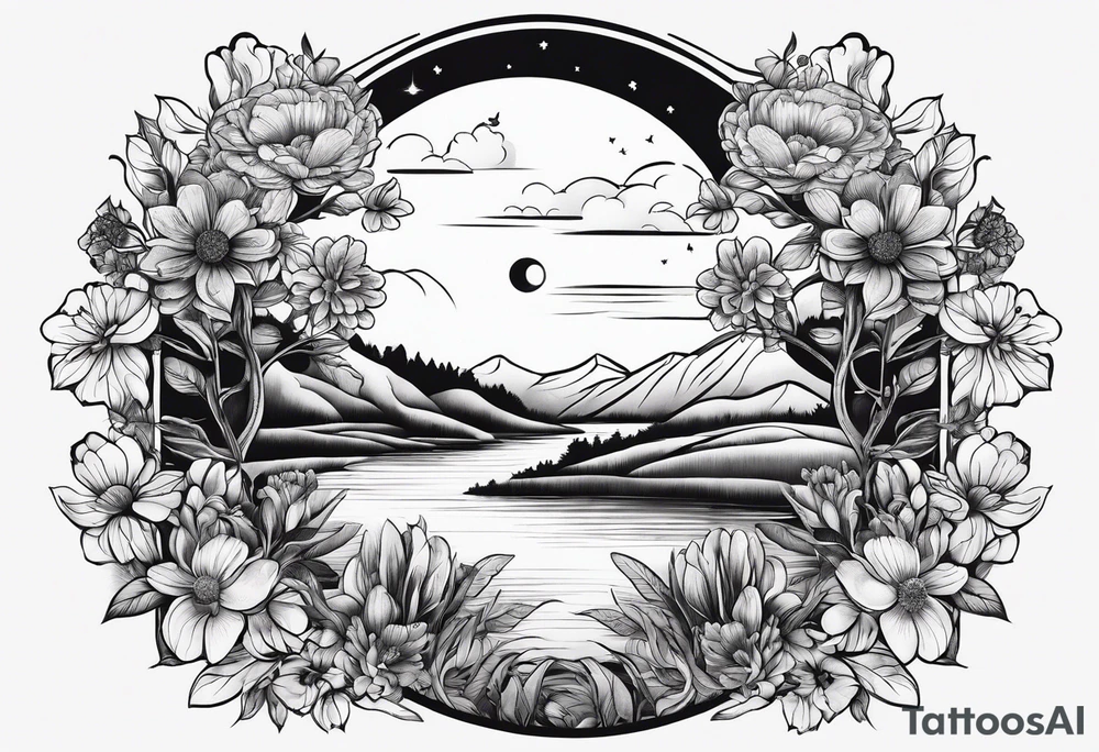 Secret, hidden garden, flowers, lake, daylight moon, more flowers love tattoo idea