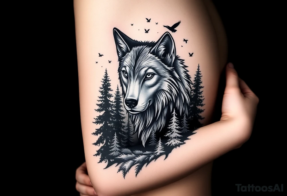 Wolf head surrounded by large pine trees growing from black ground and very small ravens flying overhead tattoo idea
