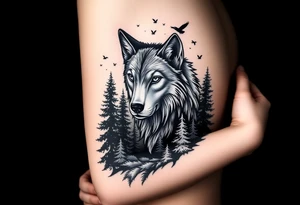Wolf head surrounded by large pine trees growing from black ground and very small ravens flying overhead tattoo idea