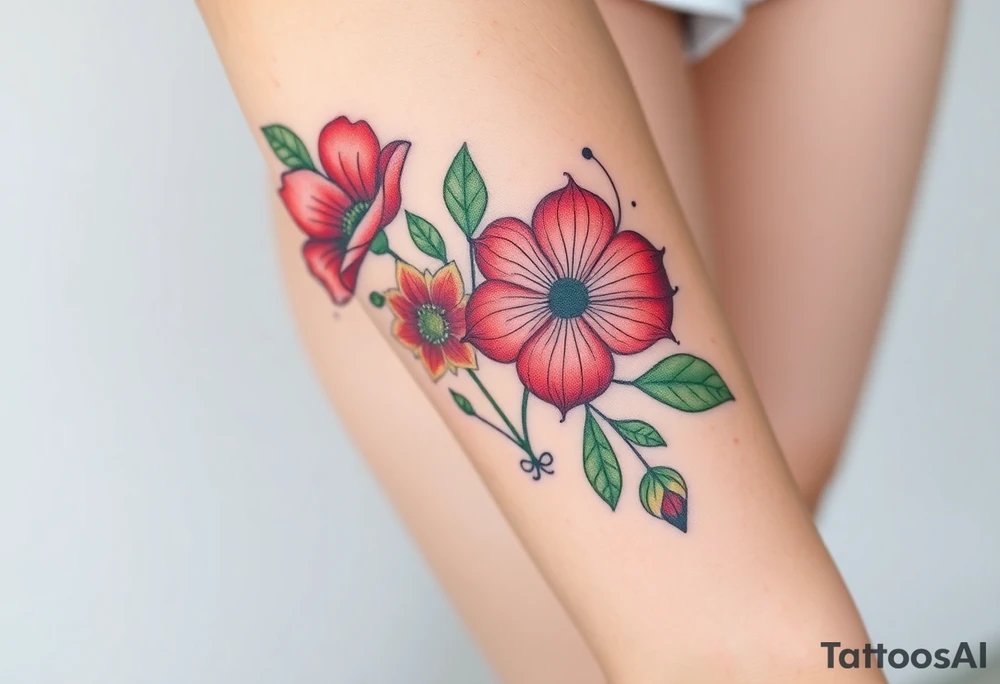 Fore arm tattoo in the neo american traditional style. I want to incorporate a few different flowers: Poppies, Morning Glory, Narcissus with green leaves in the background tattoo idea