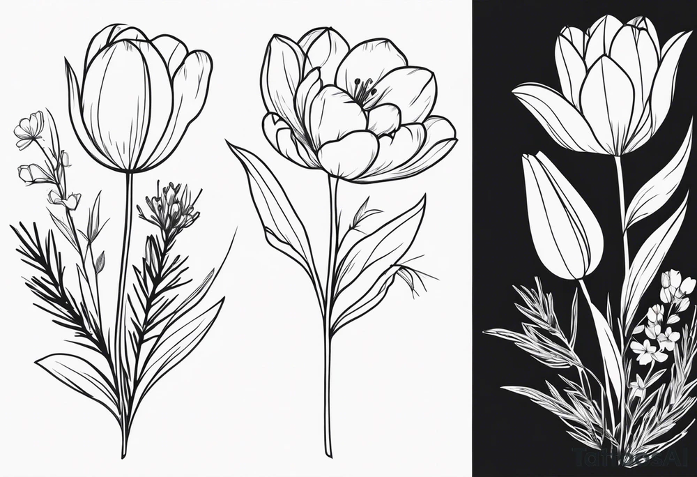 tulip and cosmos flowers in a bouquet with pine branch and willow branch. minimalist, simple bouquet. small. tattoo idea