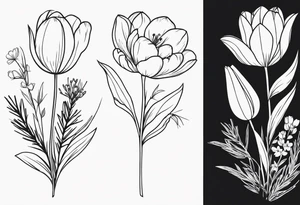 tulip and cosmos flowers in a bouquet with pine branch and willow branch. minimalist, simple bouquet. small. tattoo idea
