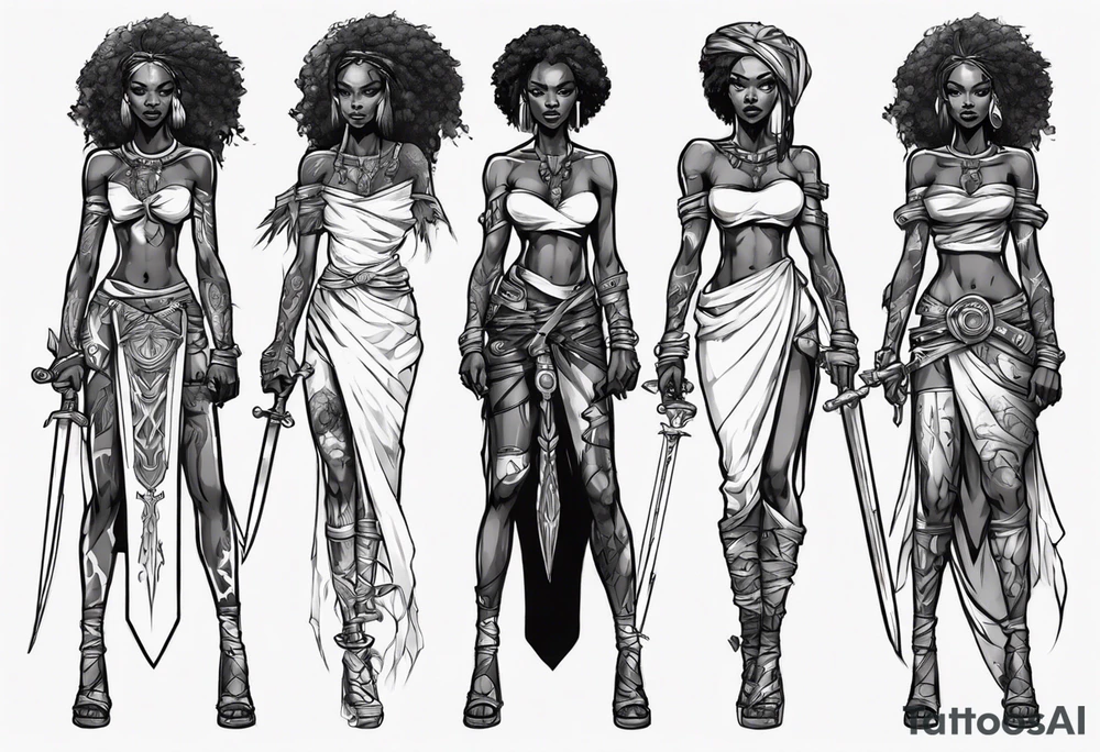 African female full body valkyre slim face holding out sword in both hands tattoo idea