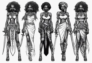 African female full body valkyre slim face holding out sword in both hands tattoo idea