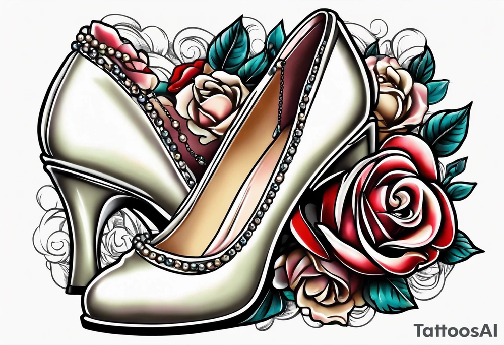 Pearl necklace wrapped around 1950s pinup pumps with roses surrounding tattoo idea