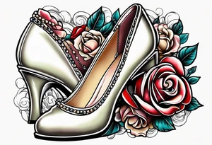 Pearl necklace wrapped around 1950s pinup pumps with roses surrounding tattoo idea