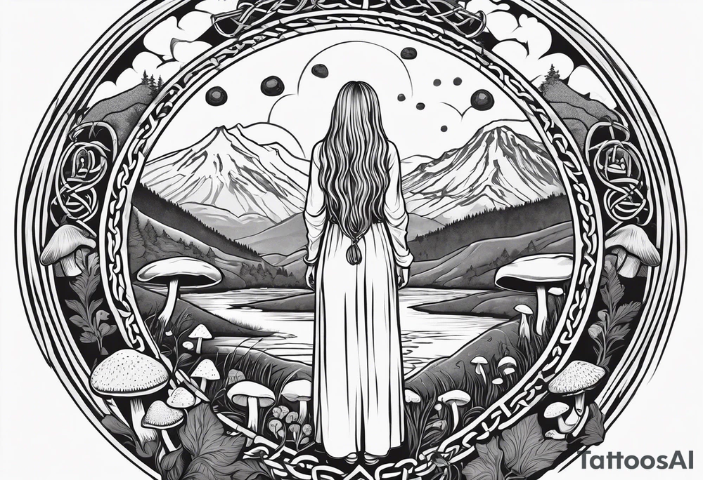 Whole picture encircled fully

Straight long blonde hair hippie girl in distance holding mushrooms in hand facing away toward mountains and creek surrounded by mushrooms long sleeve shirt and hiking pants; whole rendering within a full celtic circle, no cut off circle tattoo idea