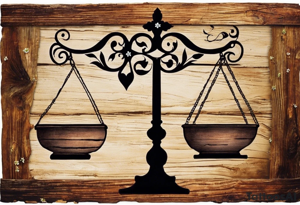 I need you to draw me a old libra scale out of tattered wood. The ends of the cross of wood need to be  broken. I need the bottom to look tattered possible cracks and holes  in wood of scale. I need vines with little white flowers wrapped all the way up the scale across the wood beam. And I want the scale bowls need to be attached by the vines. And I want the two weights of the scale to be wooden as well. They also need to look tattered. The weights need to be fastened on by the vines. I need to make it look like the ends of the vines on both scales is just loosely. I need to incorporate pieces koi fish in beautiful blues greens, and pinks.The fish need to be one on each scale balancing the scale and the tail of the left on, pointing down. the beautiful fish tail fins needs to be covering part of the tattered piece and the fish on the rights tail will be facing unpard with the fin of beauty starting to court the same pic the pieces fish need to be placed in the scale bowls the need to of large size to so theyv  Fill each scale and are persuading out the bowls

Why aren't you adding the pieces fish swimming in opposite directions one on each bowl tattoo idea