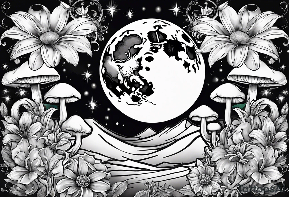 moon with crystals, mushrooms, and lily’s and daisy’s tattoo idea