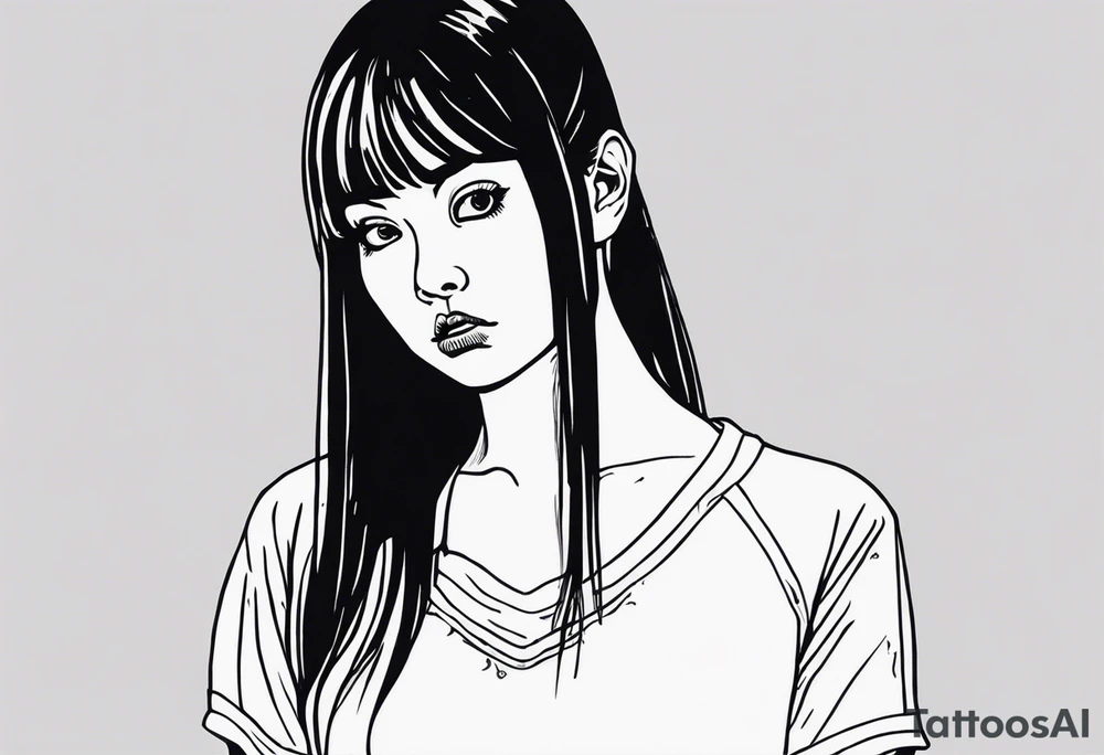 portrait of tomie standing up a character by the horror author junji ito full body standing menacingly.  a mole below her left eye.  add more horror and gore elements tattoo idea