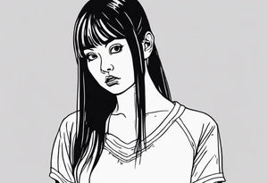 portrait of tomie standing up a character by the horror author junji ito full body standing menacingly.  a mole below her left eye.  add more horror and gore elements tattoo idea