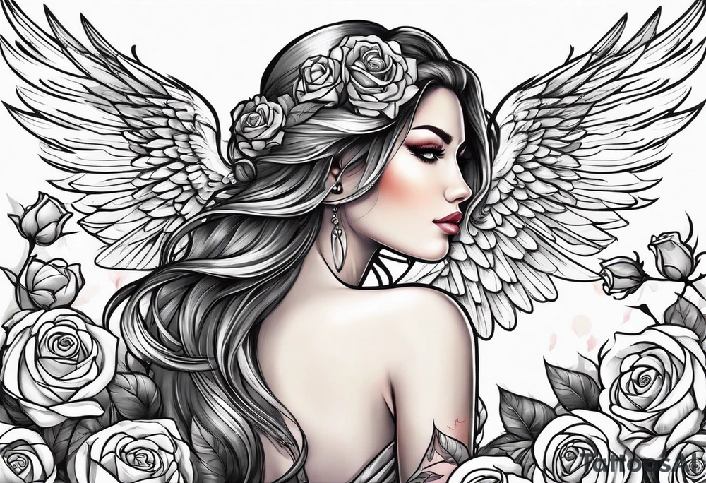 Beautiful woman angle with wings standing surrounded by roses tattoo idea