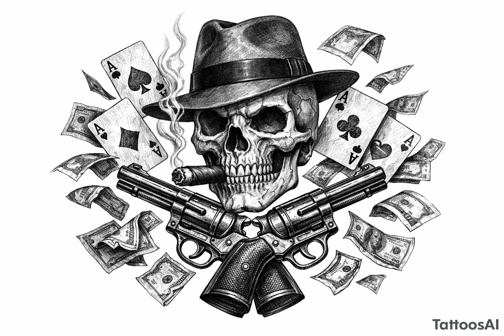 Skull in fedora, cigar, crossed revolvers, flying cards, falling money. tattoo idea