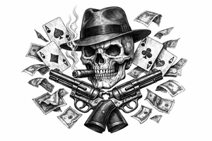 Skull in fedora, cigar, crossed revolvers, flying cards, falling money. tattoo idea