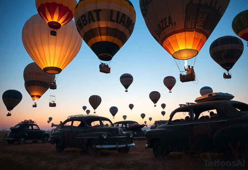 in a very steam punk vibe i want you to make a picture of a bunch of old beat up cars with people lounging in them and garbage and junk all up in and on them, tied to hot air balloons floating in the sky right about dusk and they are as far as the eye can see i want the cars to be floating as if they were the basket to the hot air balloons and the hot air balloons are all different colors and patterns and some are old and patched and i dont want to see the ground at all  i want this to be a scene that is up in the sky with them all floating under the balloons like it is in a dream and every single balloon in the picture is attached to a different old car, and some of the cars you can see people kicked back with thier feet out the window and stuff on the dash of the car, and some with people hanging an arm out hte window some have cigarrette smoke coming out the window, and the balloons all are different but every single car is floating high in the sky and i dont want there to be too many balloons and cars, just a few close together, and the rest ll are smaller and off in the distance tattoo idea