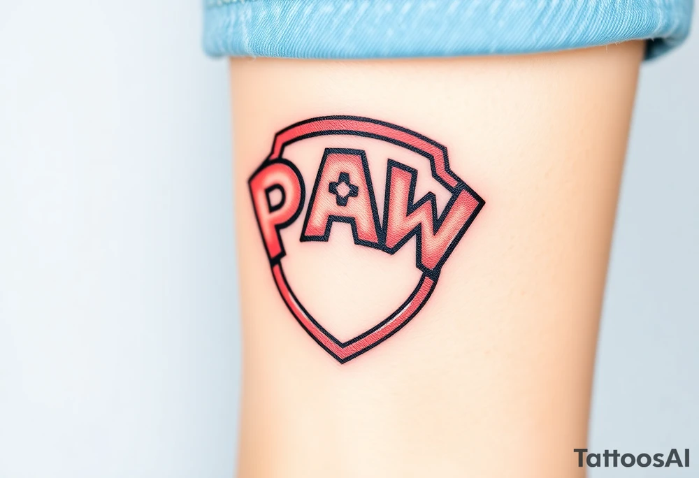 A pentagon-shaped Paw Patrol emblem, in a realistic metallic style with reflective highlights tattoo idea