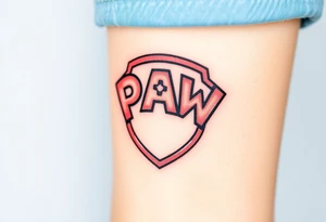 A pentagon-shaped Paw Patrol emblem, in a realistic metallic style with reflective highlights tattoo idea