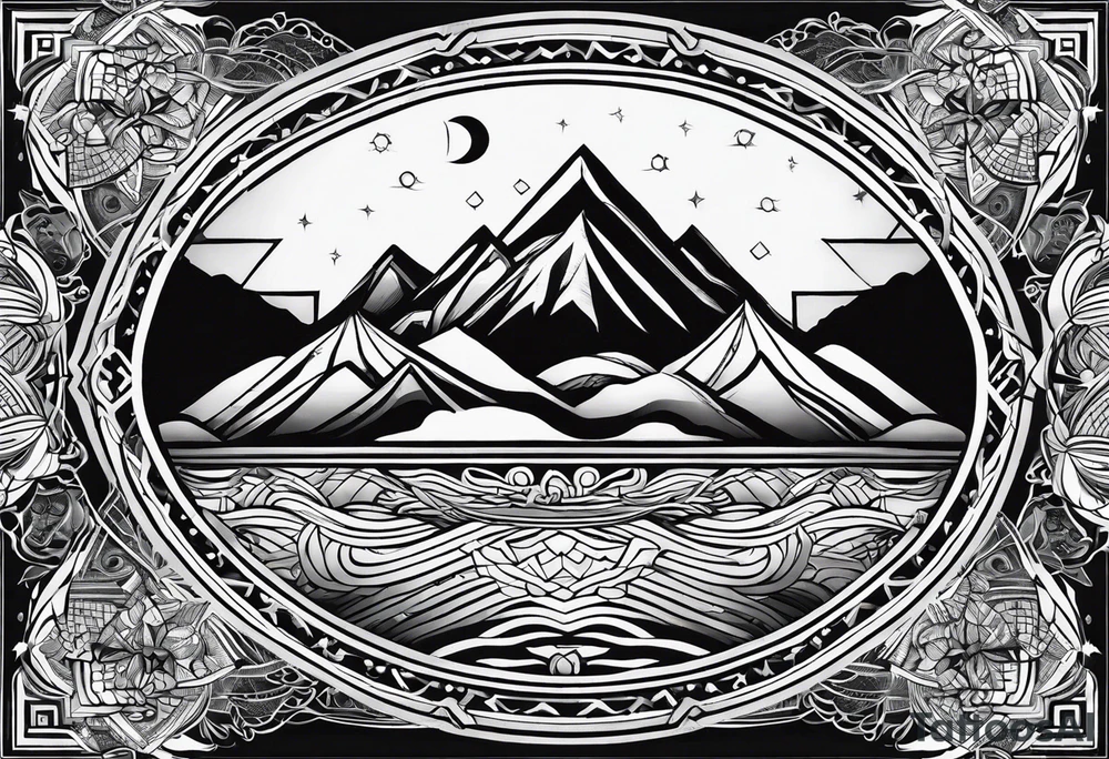 Rectangular arm tattoo around whole upper arm. Mandala inspired Design. Mountains, sea, Sky and moon are depicted. But everything seems to be turned around tattoo idea