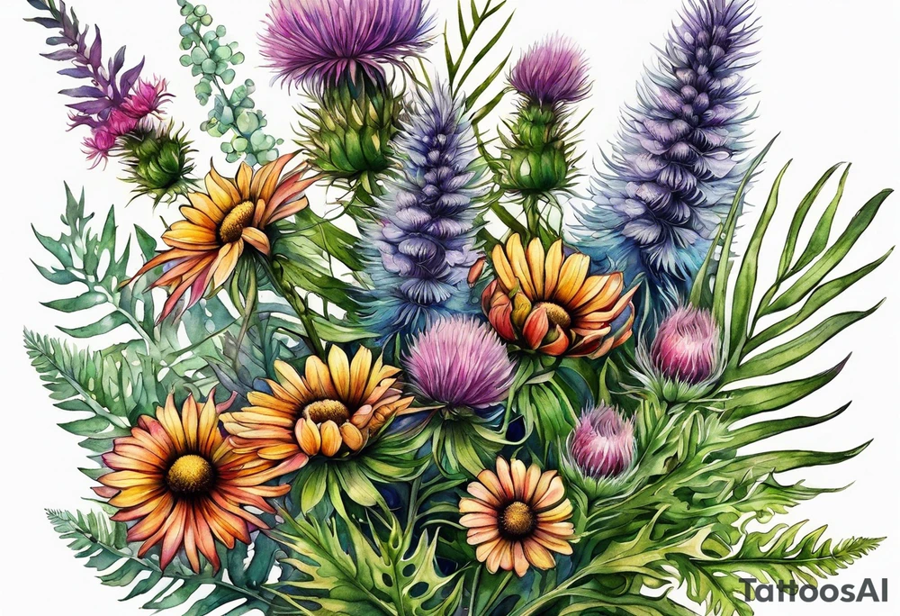small vertical mixed wildflower bouquet with ferns, thistle and with watercolor tattoo idea