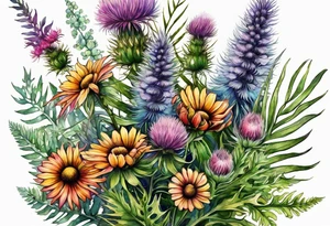 small vertical mixed wildflower bouquet with ferns, thistle and with watercolor tattoo idea