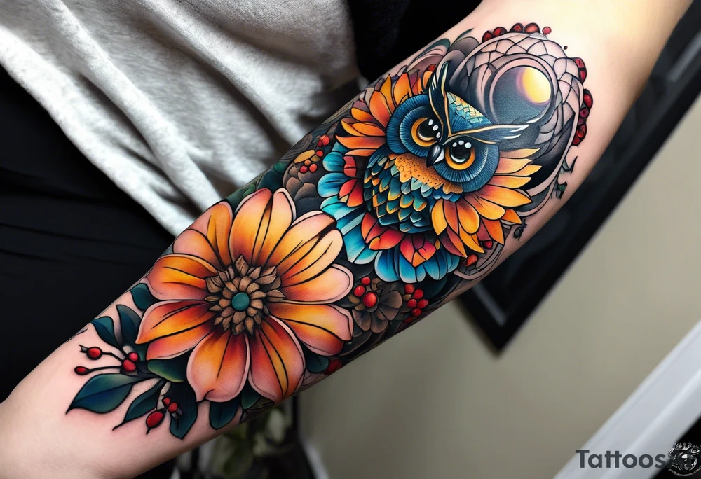 A lower forearm sleeve full colour mandala flowers, and owl, bees, pinecone, lady bugs. Moon tattoo idea