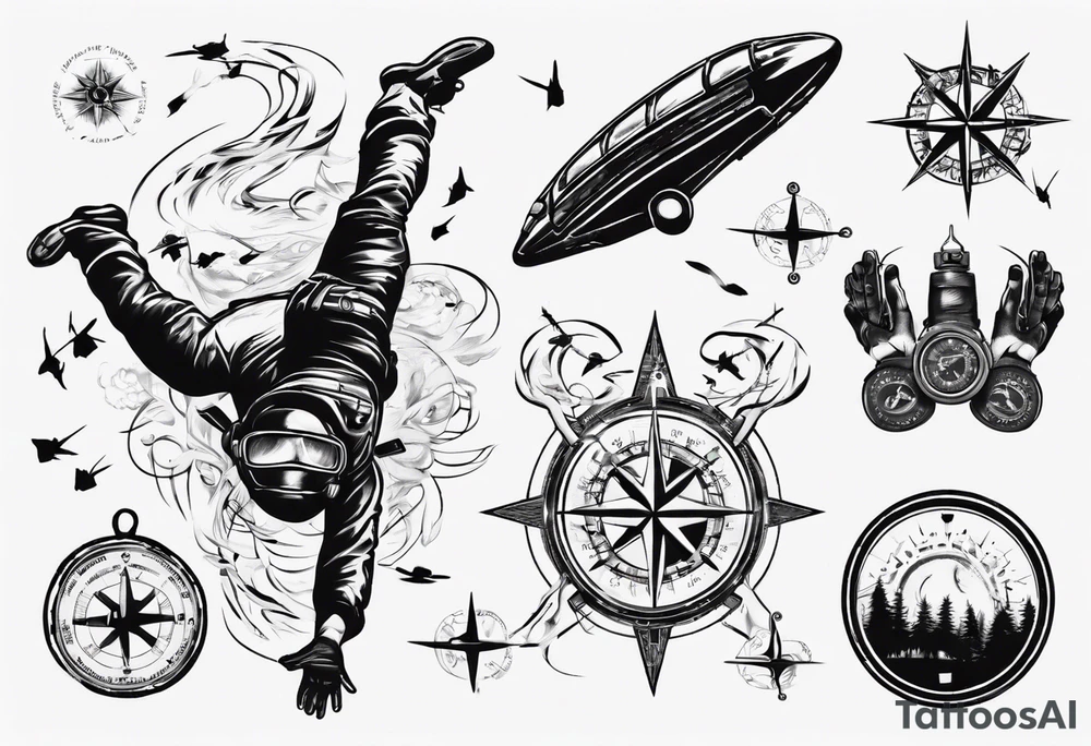 skydiving, shooting guns, adventure, compass tattoo idea